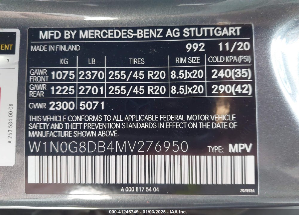 2021 MERCEDES-BENZ GLC 300 SUV VIN: W1N0G8DB4MV276950