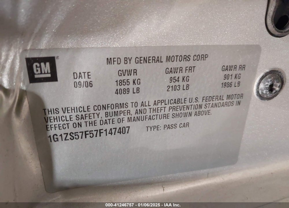 2007 CHEVROLET MALIBU LS VIN: 1G1ZS57F57F147407