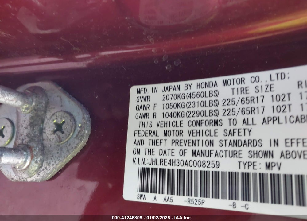 2010 HONDA CR-V LX VIN: JHLRE4H30AC008259