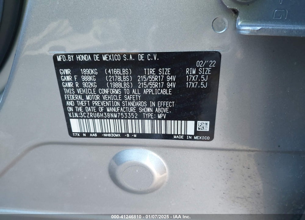 2022 HONDA HR-V AWD LX VIN: 3CZRU6H38NM753352
