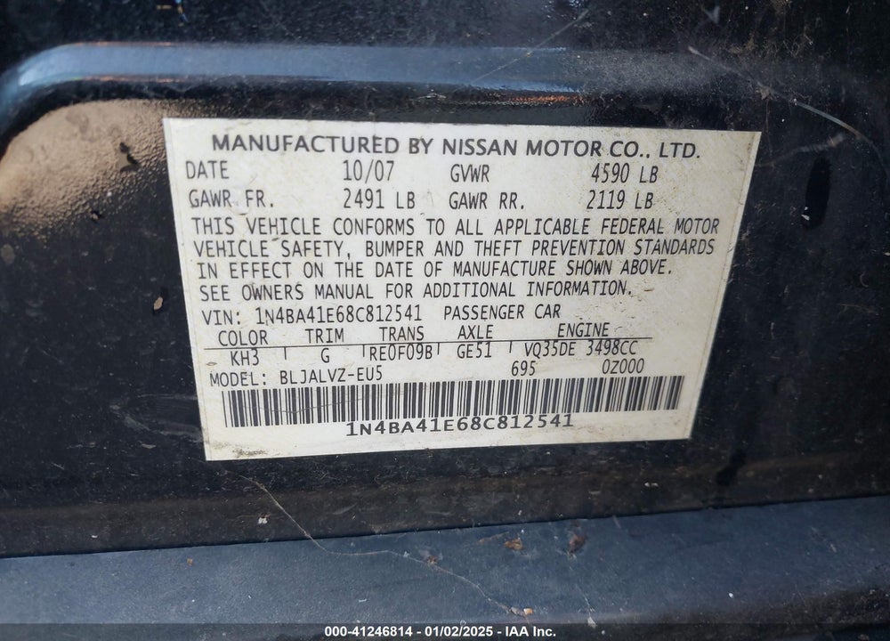 2008 NISSAN MAXIMA VIN: 1N4BA41E68C812541