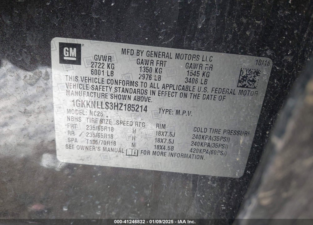 2017 GMC ACADIA SLE-2 VIN: 1GKKNLLS3HZ185214