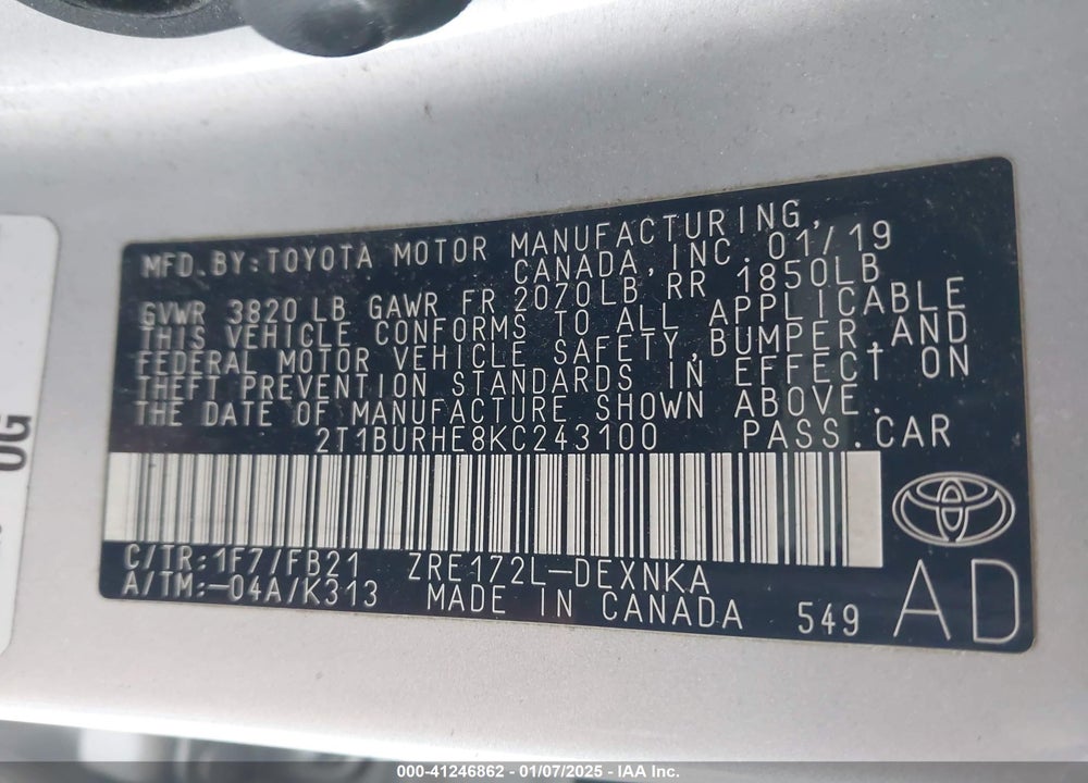 2019 TOYOTA COROLLA VIN: 2T1BURHE8KC243100