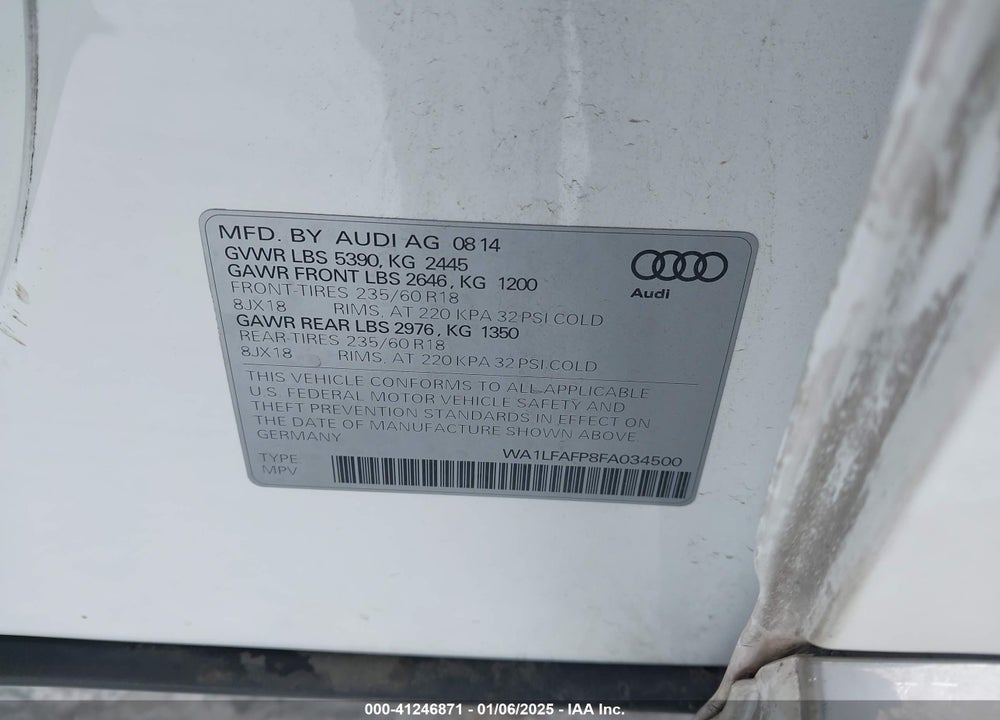 2015 AUDI Q5 2.0T PREMIUM VIN: WA1LFAFP8FA034500