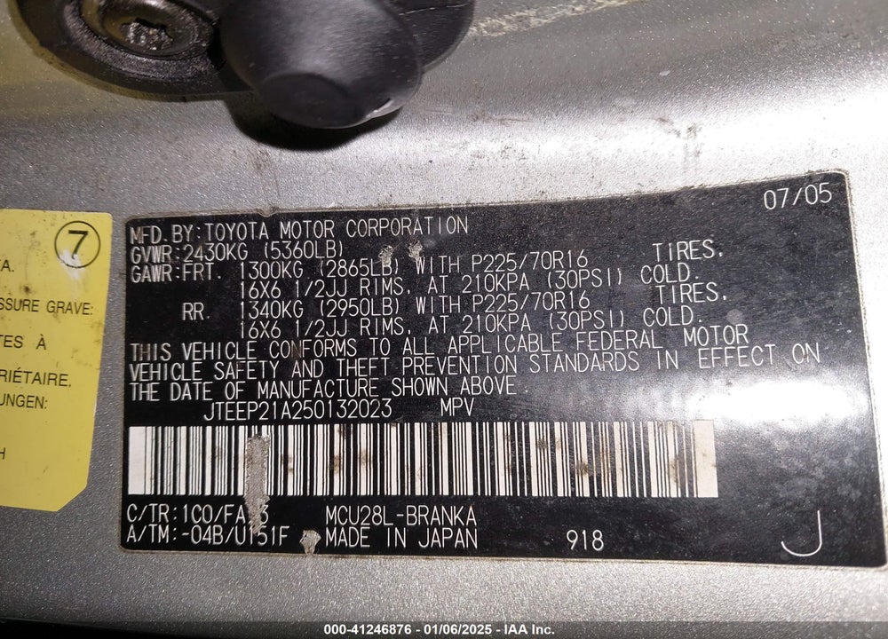 2005 TOYOTA HIGHLANDER V6 VIN: JTEEP21A250132023