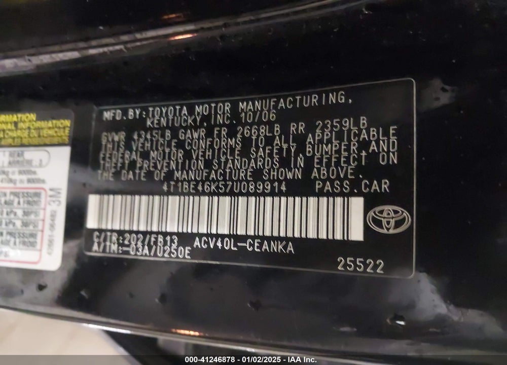 2007 TOYOTA CAMRY LE VIN: 4T1BE46K57U089914