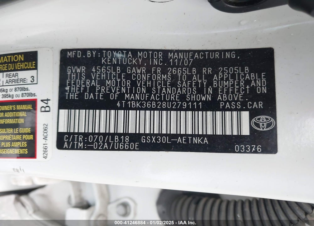 2008 TOYOTA AVALON TOURING VIN: 4T1BK36B28U279111