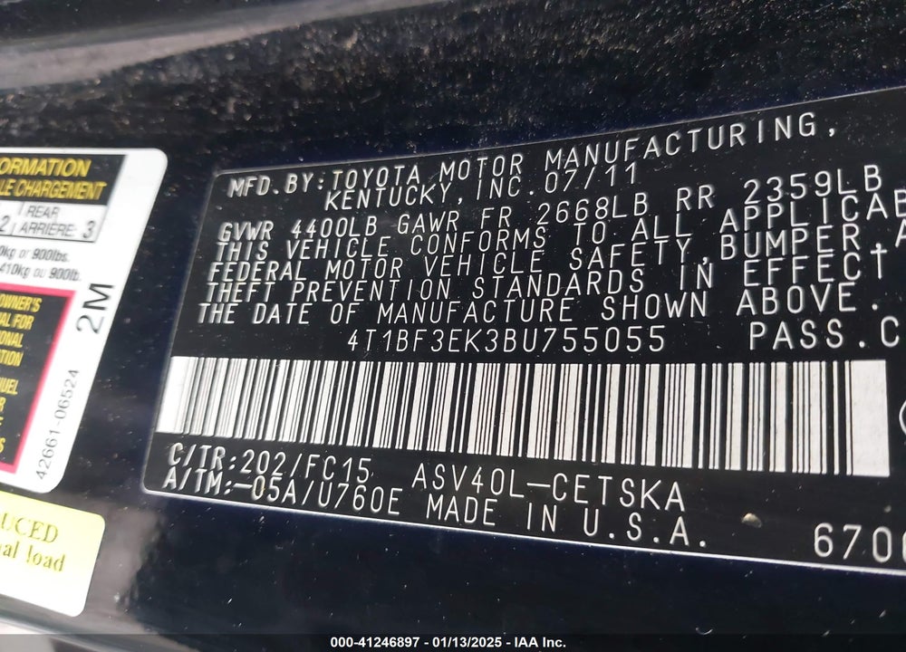 2011 TOYOTA CAMRY VIN: 4T1BF3EK3BU755055