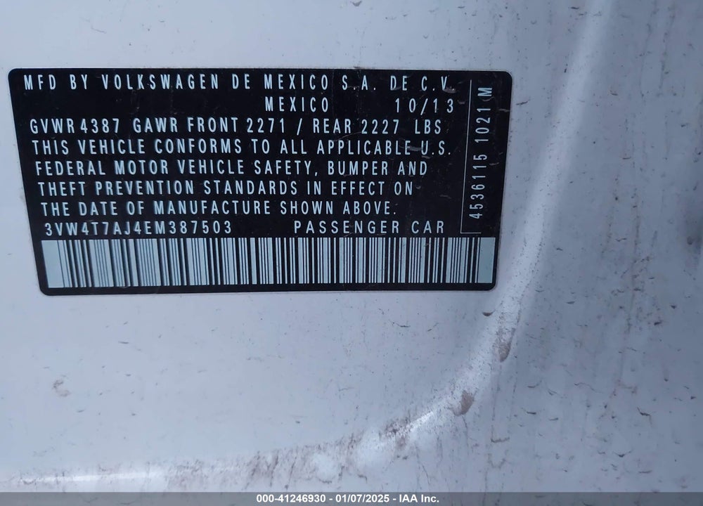 2014 VOLKSWAGEN JETTA VIN: 3VW4T7AJ4EM387503