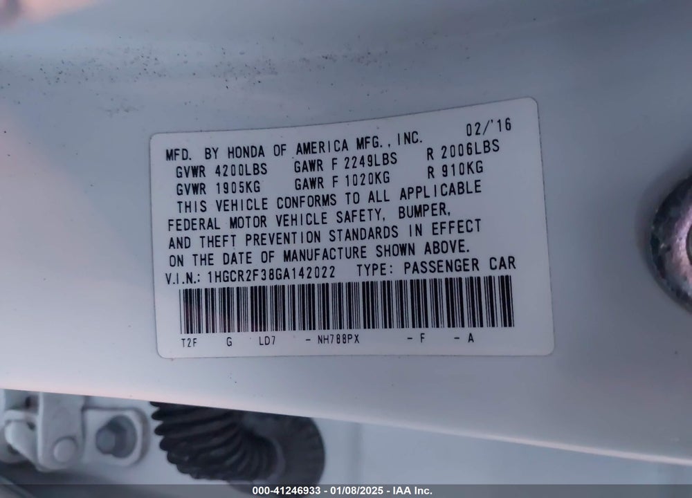 2016 HONDA ACCORD LX VIN: 1HGCR2F38GA142022