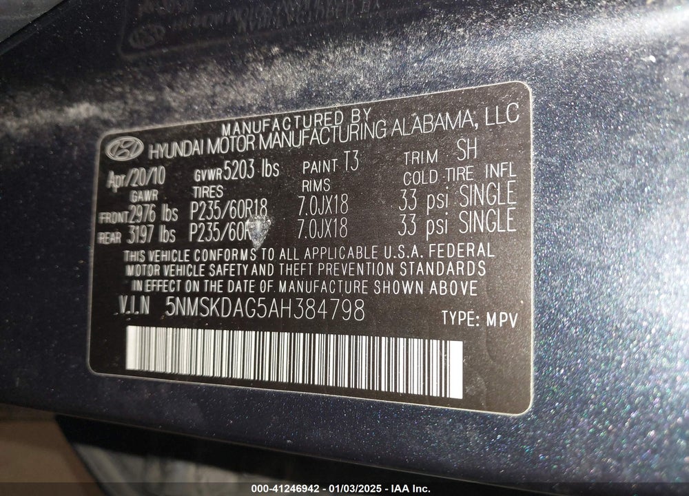 2010 HYUNDAI SANTA FE LIMITED V6 VIN: 5NMSKDAG5AH384798