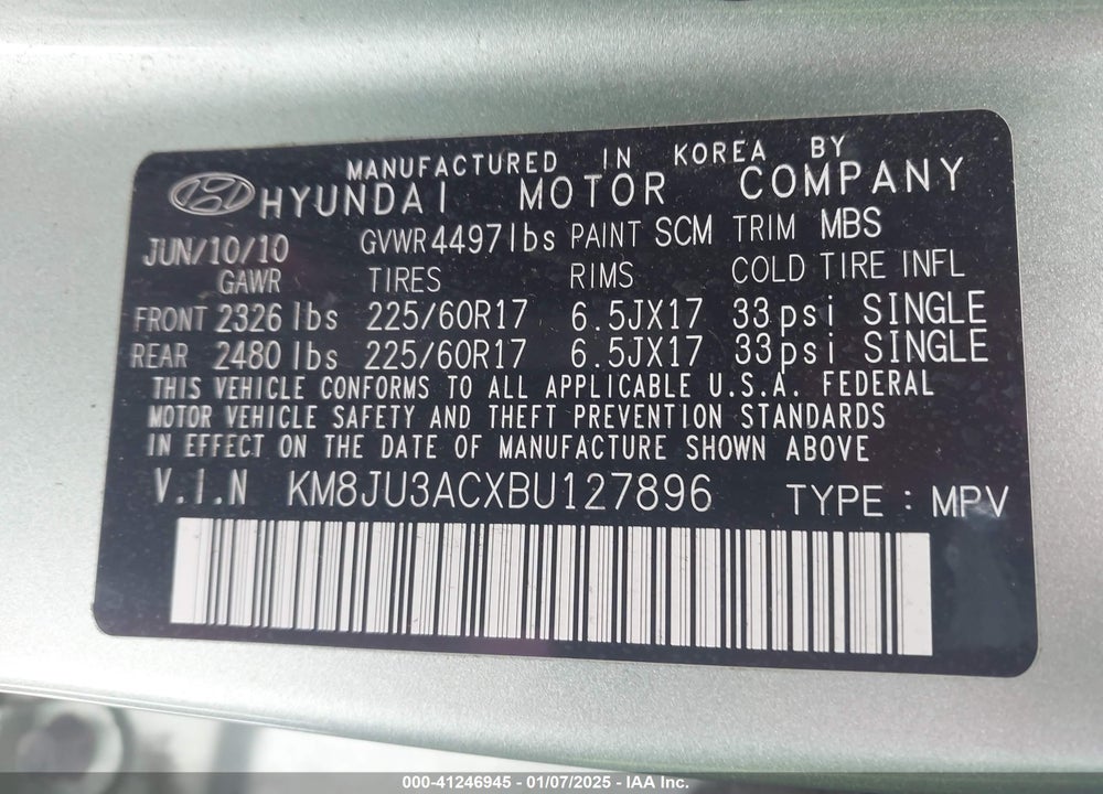 2011 HYUNDAI TUCSON GLS/LIMITED VIN: KM8JU3ACXBU127896