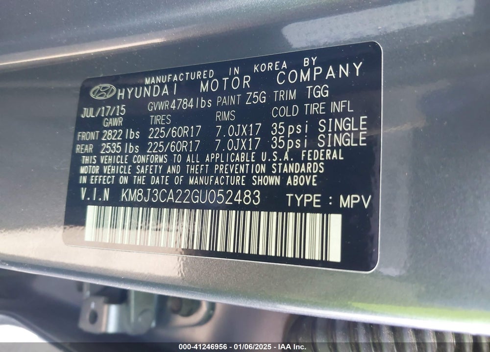 2016 HYUNDAI TUCSON ECO VIN: KM8J3CA22GU052483