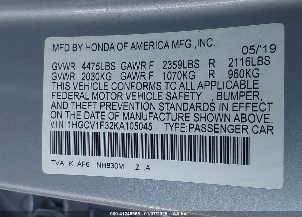 2019 HONDA ACCORD SPORT VIN: 1HGCV1F32KA105045