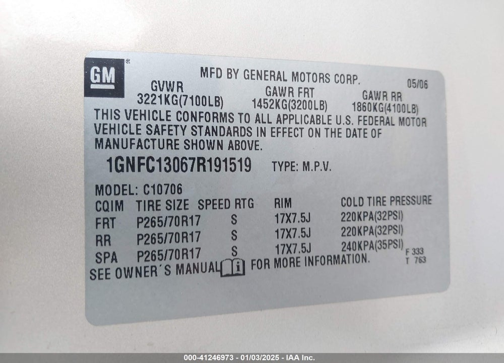 2007 CHEVROLET TAHOE LT VIN: 1GNFC13067R191519