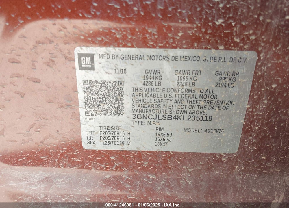 2019 CHEVROLET TRAX VIN: 3GNCJLSB4KL235119
