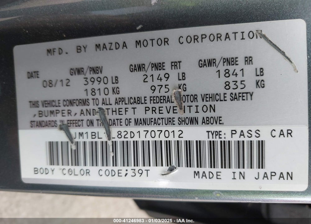 2013 MAZDA MAZDA3 VIN: JM1BL1L82D1707012