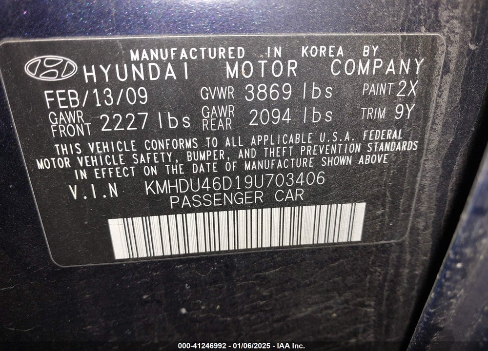 2009 HYUNDAI ELANTRA VIN: KMHDU46D19U703406
