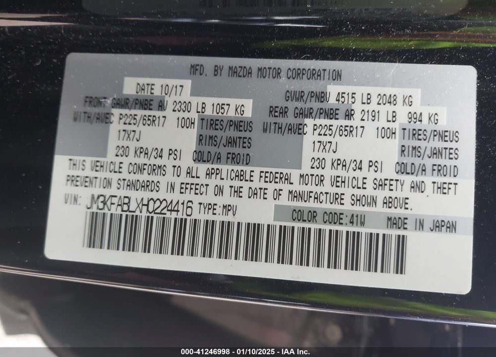 2017 MAZDA CX-5 SPORT VIN: JM3KFABLXH0224416