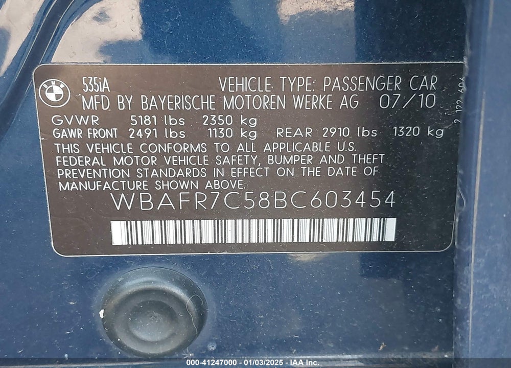 2011 BMW 535I VIN: WBAFR7C58BC603454