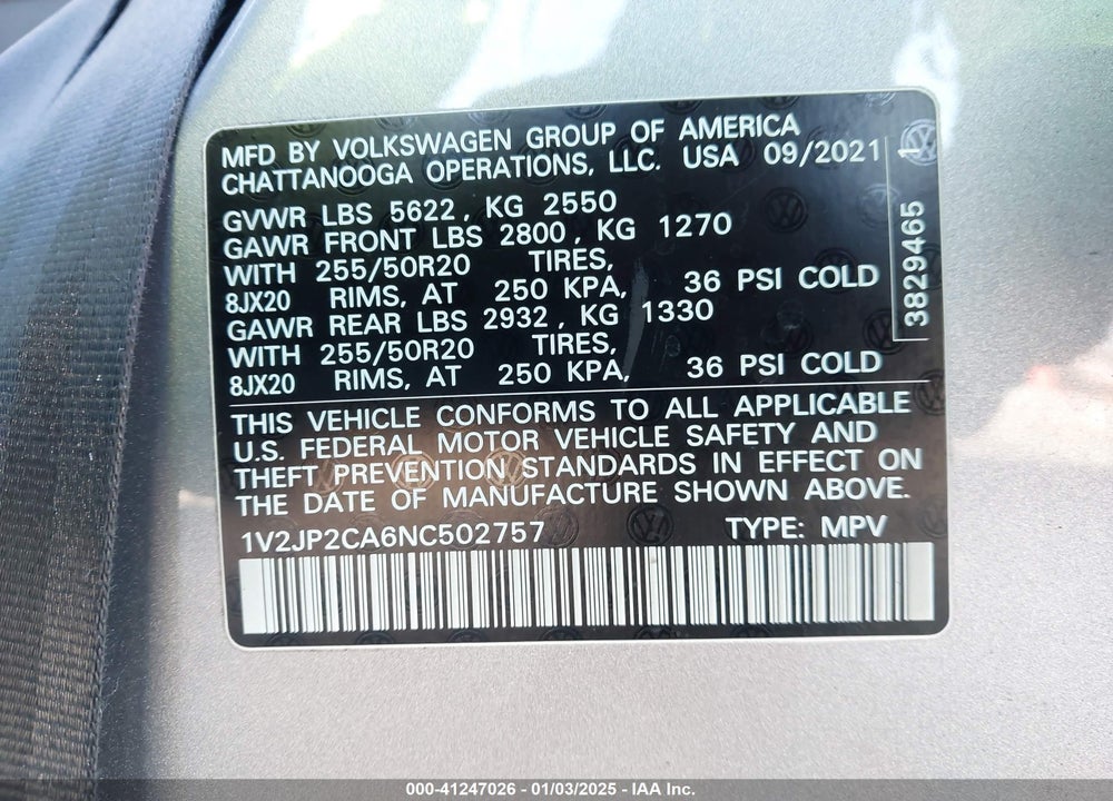 2022 VOLKSWAGEN ATLAS VIN: 1V2JP2CA6NC502757