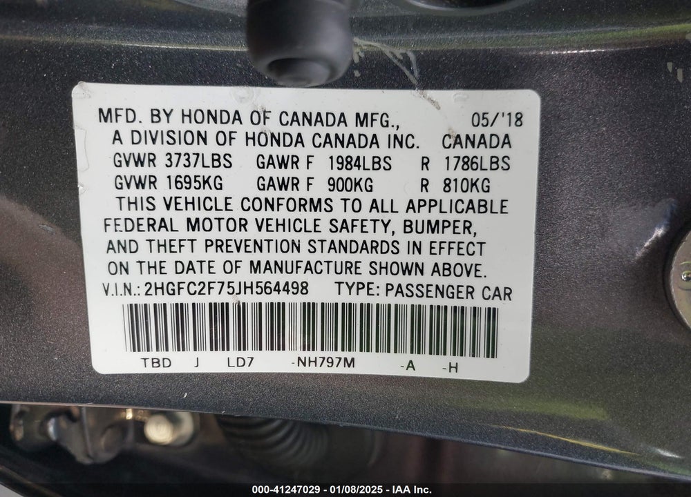 2018 HONDA CIVIC EX VIN: 2HGFC2F75JH564498