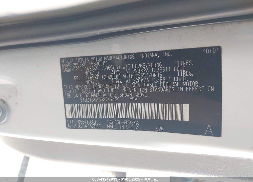 2005 TOYOTA SEQUOIA SR5 V8 VIN: 5TDZT34A05S244156