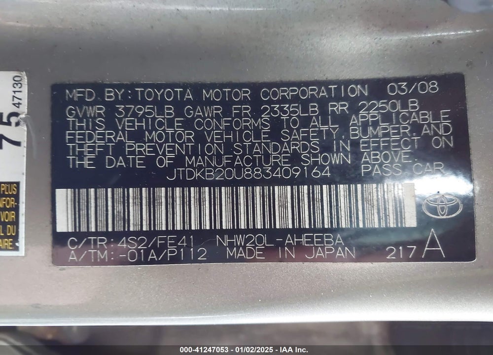 2008 TOYOTA PRIUS VIN: JTDKB20U883409164