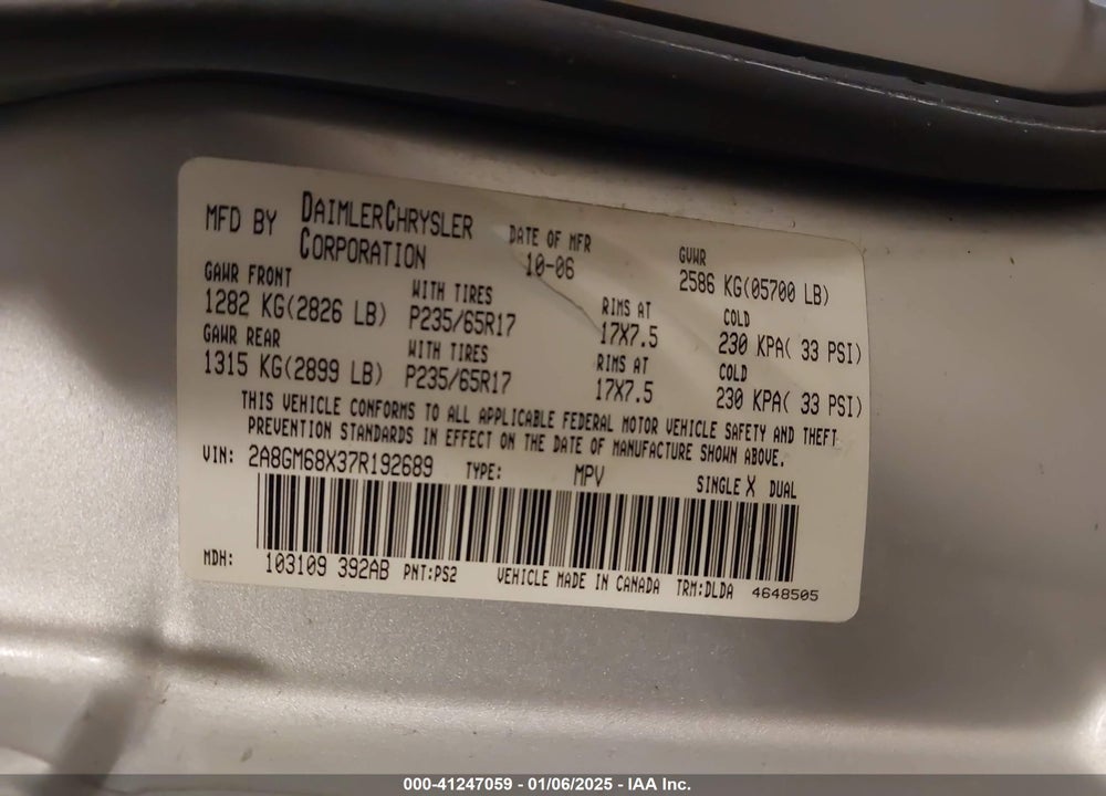 2007 CHRYSLER PACIFICA VIN: 2A8GM68X37R192689