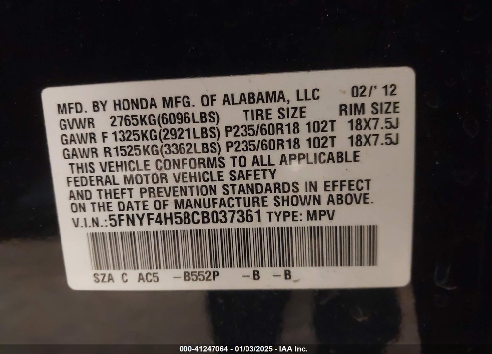 2012 HONDA PILOT EX-L VIN: 5FNYF4H58CB037361