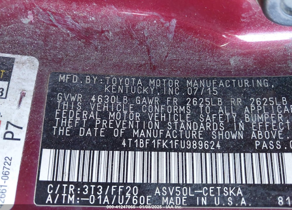 2015 TOYOTA CAMRY VIN: 4T1BF1FK1FU989624