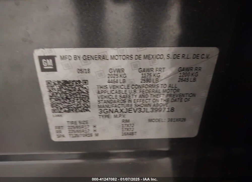 2018 CHEVROLET EQUINOX LT VIN: 3GNAXJEV3JL399718