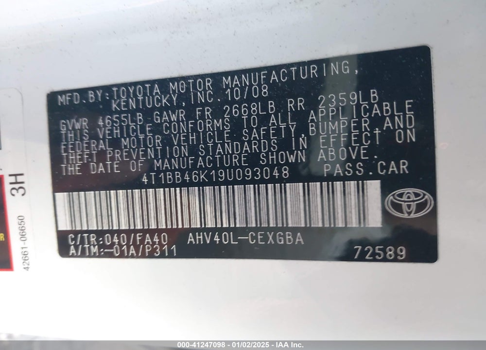 2009 TOYOTA CAMRY HYBRID VIN: 4T1BB46K19U093048