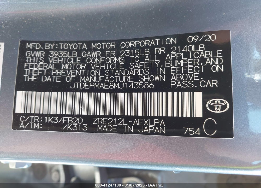 2021 TOYOTA COROLLA VIN: JTDEPMAE8MJ143586