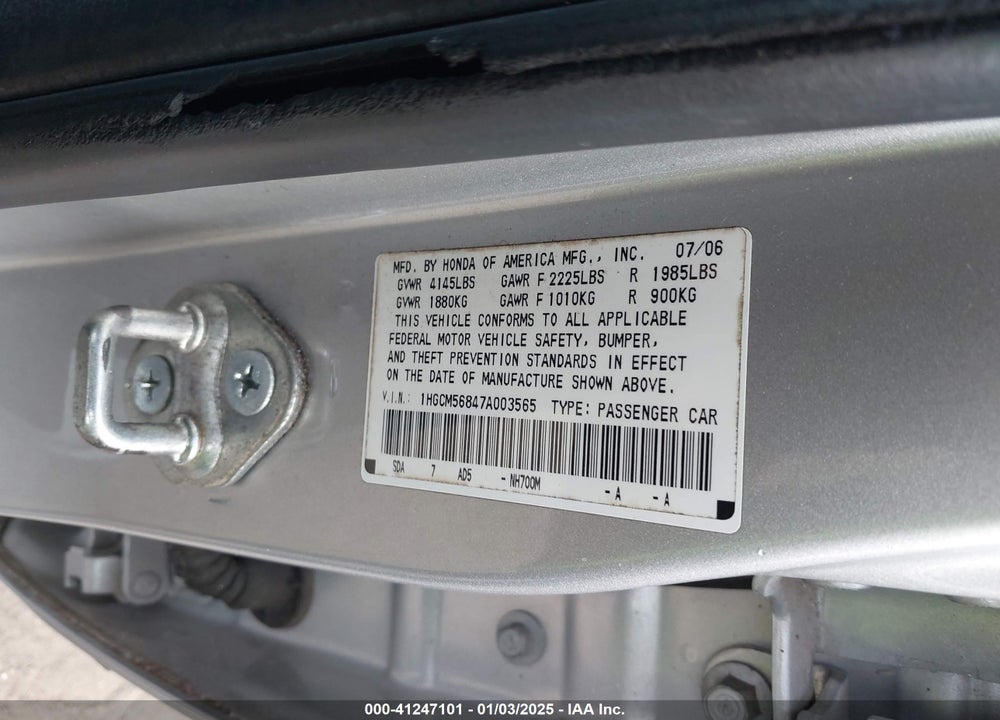 2007 HONDA ACCORD 2.4 EX VIN: 1HGCM56847A003565