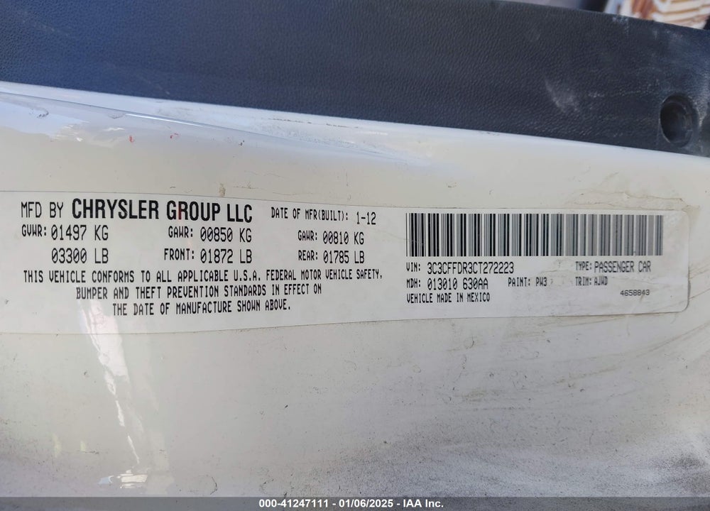 2012 FIAT 500C VIN: 3C3CFFDR3CT272223