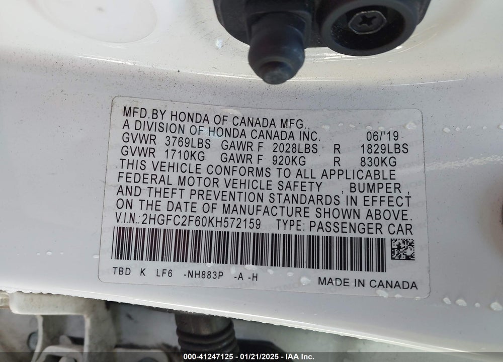 2019 HONDA CIVIC VIN: 2HGFC2F60KH572159