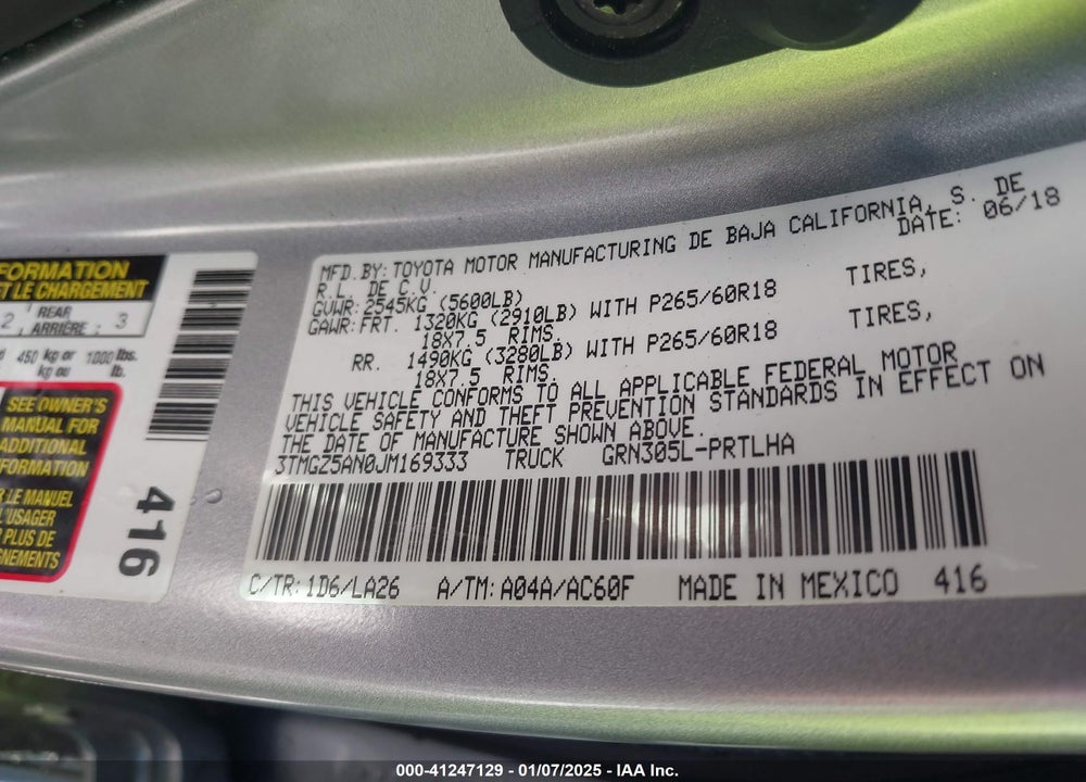 2018 TOYOTA TACOMA VIN: 3TMGZ5AN0JM169333