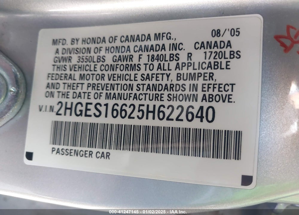 2005 HONDA CIVIC LX VIN: 2HGES16625H622640