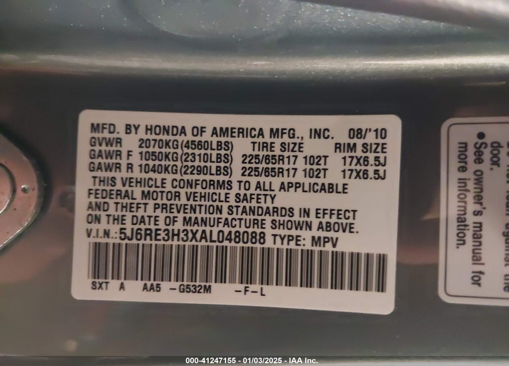 2010 HONDA CR-V LX VIN: 5J6RE3H3XAL048088