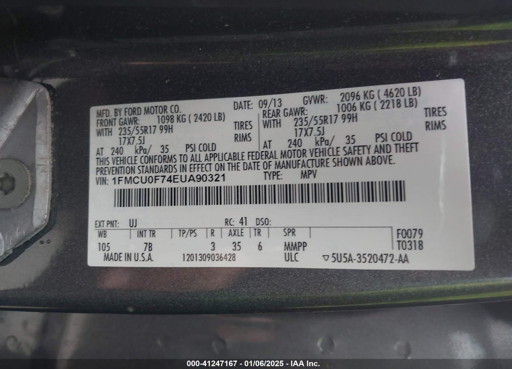 2014 FORD ESCAPE S VIN: 1FMCU0F74EUA90321