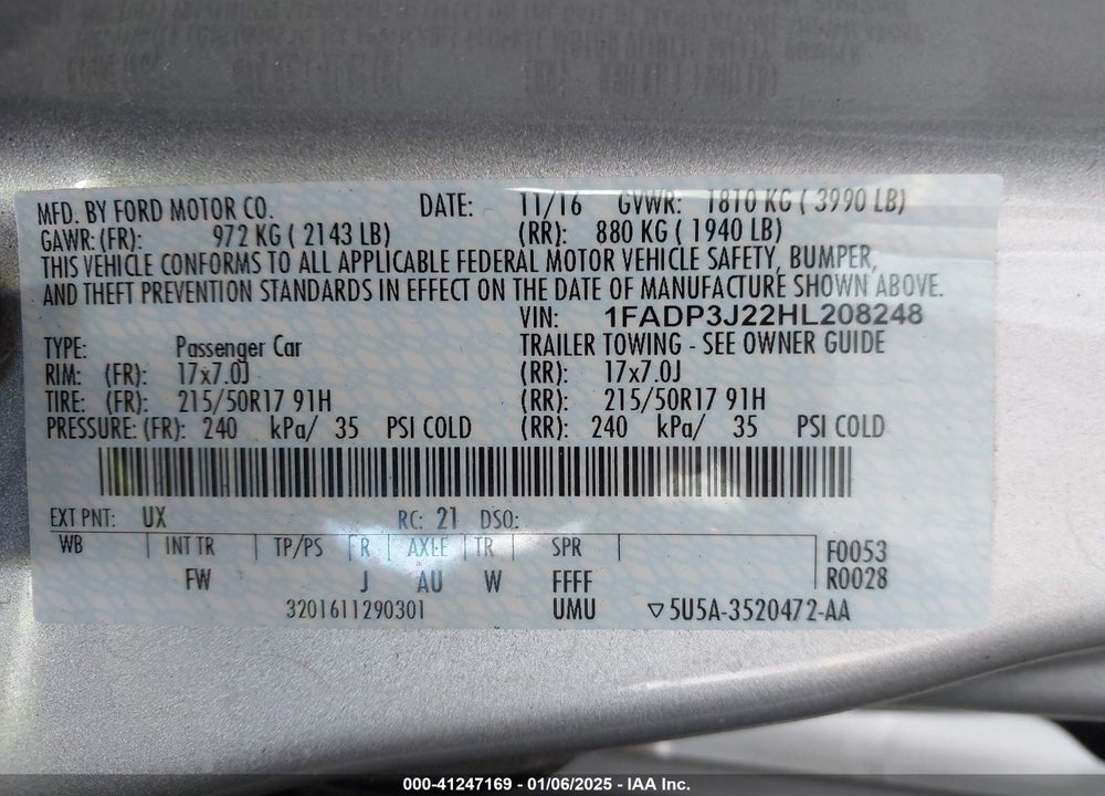 2017 FORD FOCUS VIN: 1FADP3J22HL208248