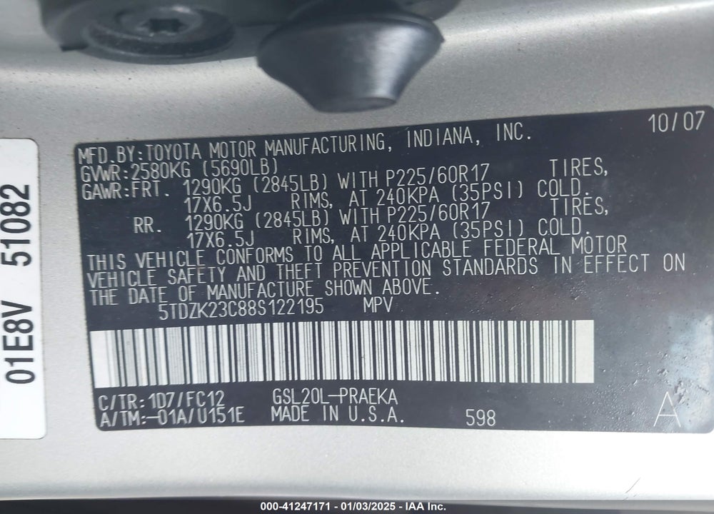 2008 TOYOTA SIENNA LE VIN: 5TDZK23C88S122195