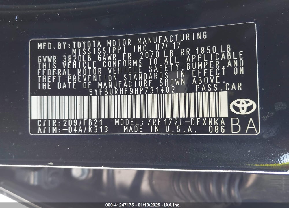 2017 TOYOTA COROLLA VIN: 5YFBURHE9HP731402