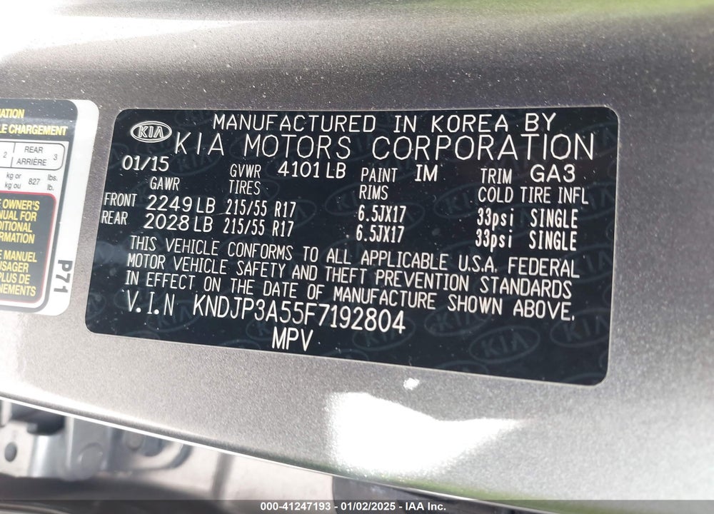 2015 KIA SOUL VIN: KNDJP3A55F7192804