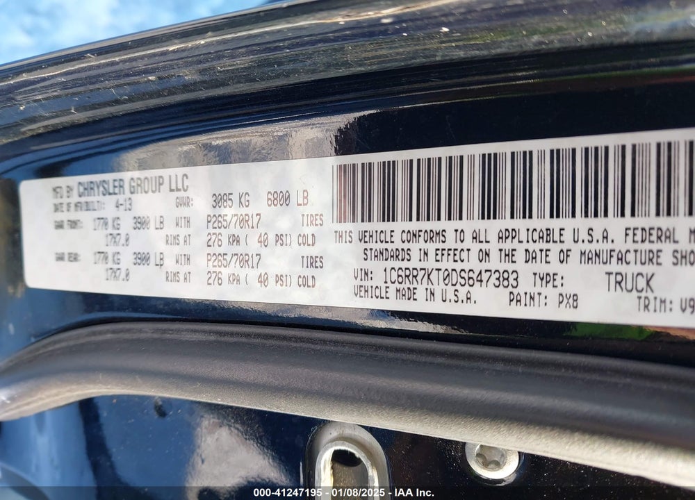 2013 RAM 1500 VIN: 1C6RR7KT0DS647383