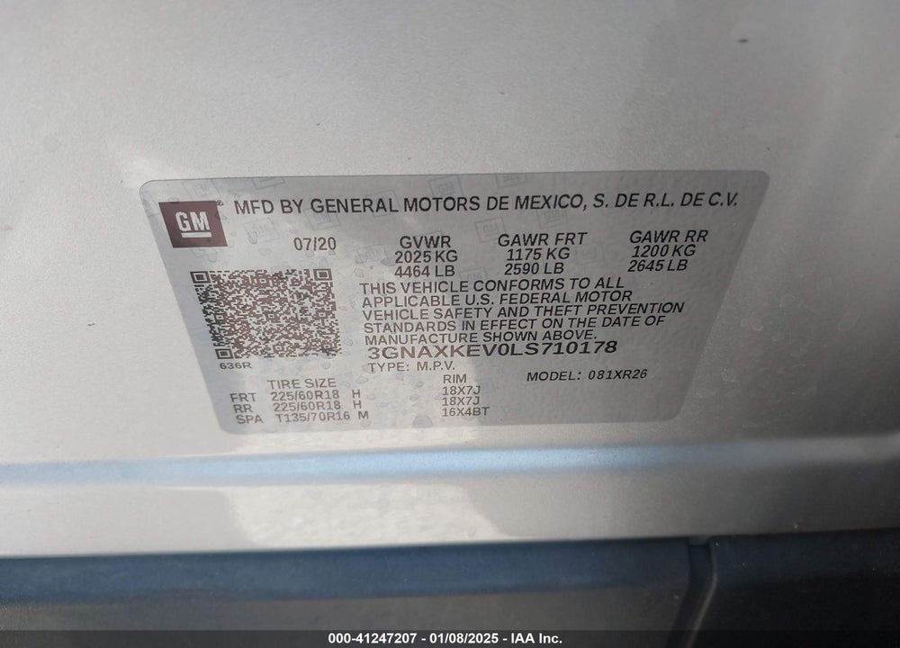 2020 CHEVROLET EQUINOX FWD LT 1.5L TURBO VIN: 3GNAXKEV0LS710178