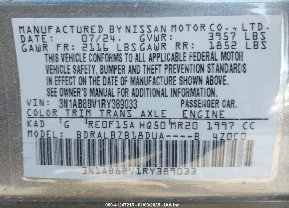 2024 NISSAN SENTRA VIN: 3N1AB8BV1RY389033