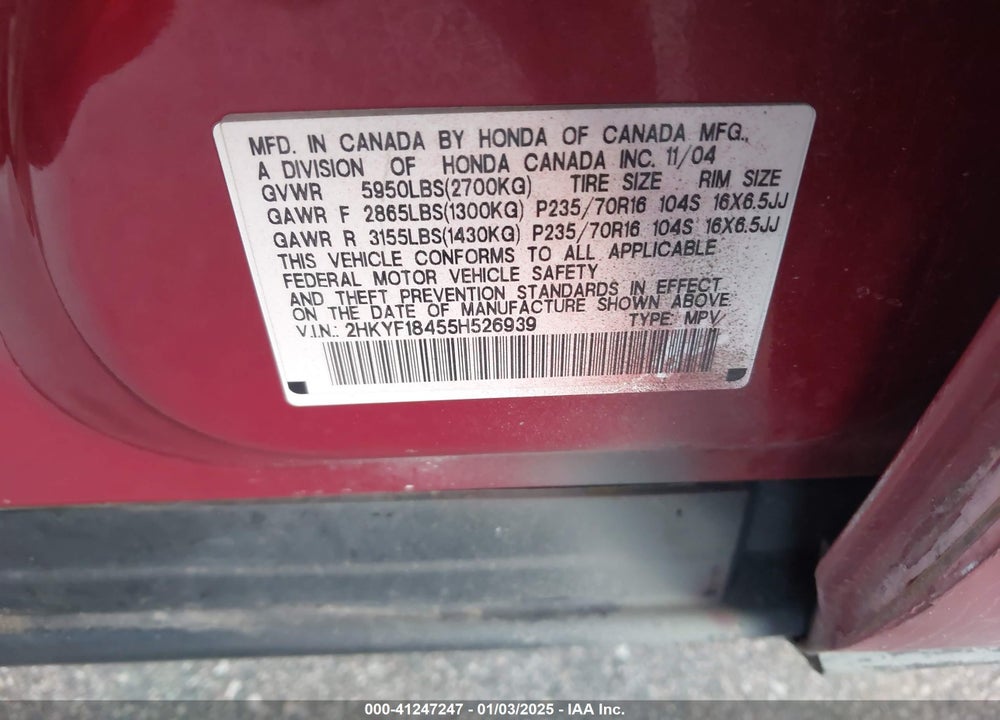 2005 HONDA PILOT EX VIN: 2HKYF18455H526939