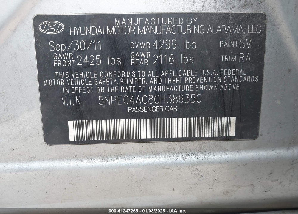 2012 HYUNDAI SONATA VIN: 5NPEC4AC8CH386350